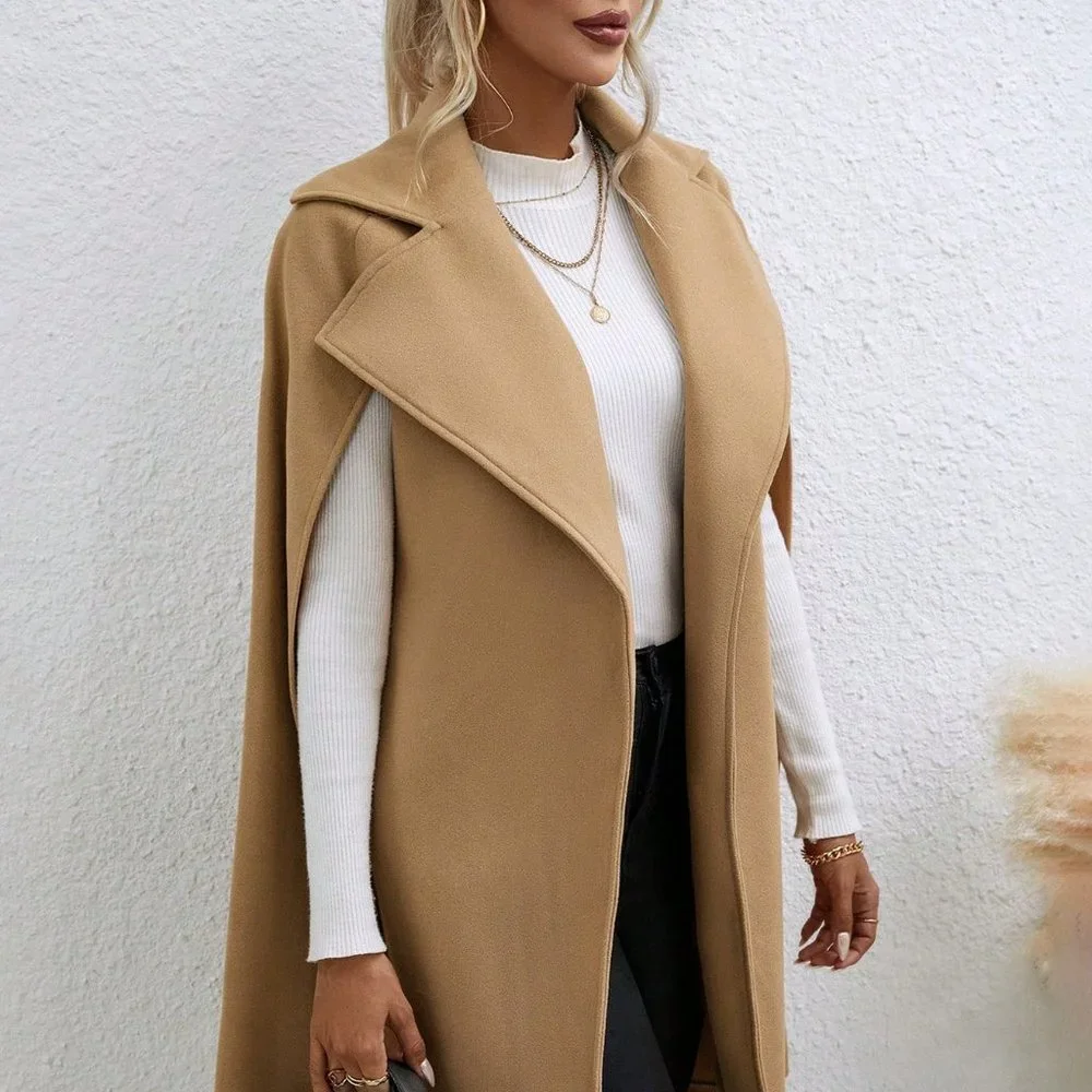 Khaki Preppy Womens Cloak Sleeve Belted Cape Coat - Picture 6 of 6